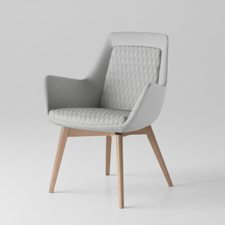 Gray upholstered chair with wooden legs on a white background