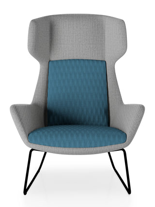 Modern chair with gray backrest and blue seat on a white background