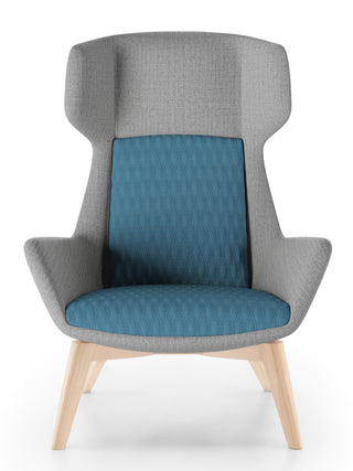 Gray armchair with a blue quilted cushion on a white background