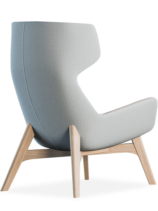 Modern chair with a gray cushioned backrest and wooden legs on a white background