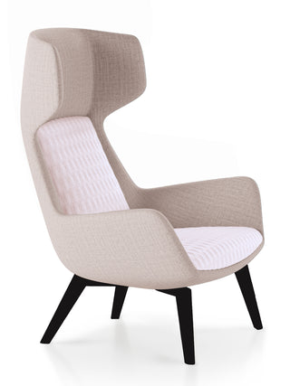 Modern armchair with beige cushioned backrest and white seat on a white background