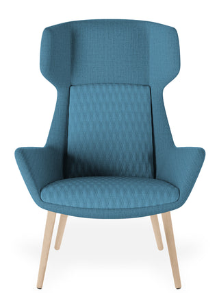 Blue armchair with quilted backrest on a white background