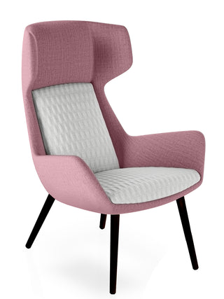 Pink armchair with a gray cushion on a white background