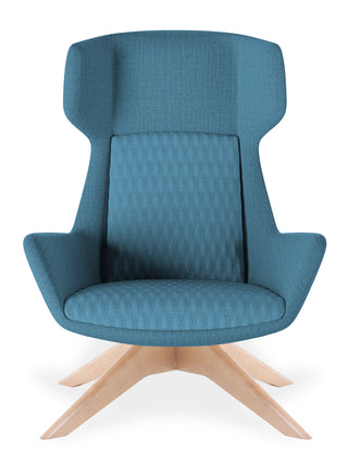 Blue armchair with wooden base on a white background