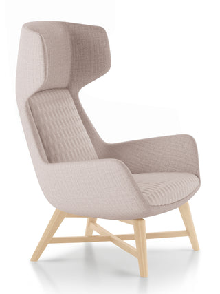 High back chair with beige cushioned backrest and wooden legs on a white background