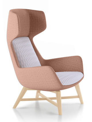 Armchair with two-tone upholstery and light wood legs on a white background