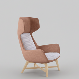 Modern chair with a pink backrest and wooden legs on a light gray background