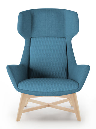 Blue hight back chair with wooden legs on a white background
