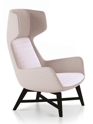 Modern armchair with beige cushioned backrest and white seat on a white background