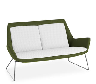 Modern two-seater sofa with green frame and white cushions on a white background