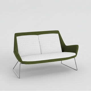 Modern two-seater sofa with green frame and white cushions on a light gray background