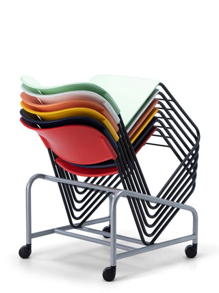 Stack of colorful chairs on a metal stand with wheels on a white background
