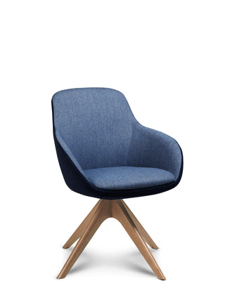 Blue upholstered chair with wooden legs on a white background