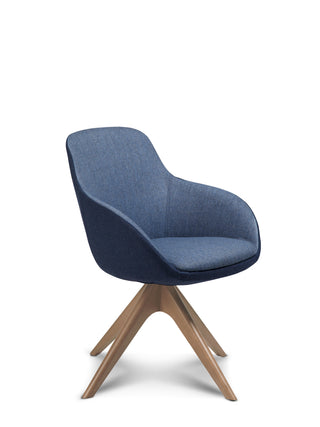 Blue chair with wooden legs on a white background