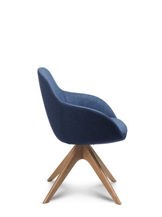 Blue chair with wooden legs on a white background