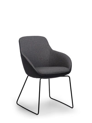Modern chair with gray upholstered seat and black metal frame on a white background