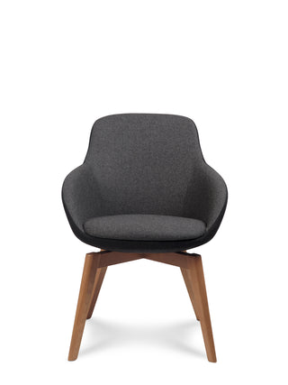 Gray upholstered chair with wooden legs on a white background