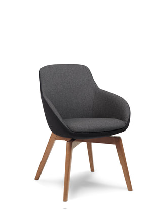 Gray upholstered chair with wooden legs on a white background