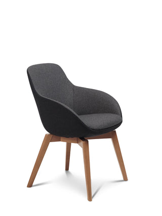 Dark gray upholstered chair with wooden legs on a white background