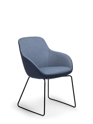 Modern chair with blue cushioned seat and black metal frame on a white background