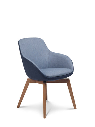 Blue upholstered chair with wooden legs on a white background