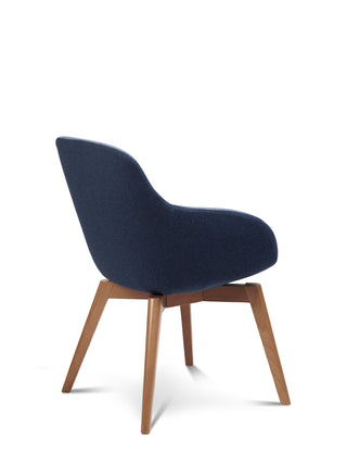 Navy blue chair with wooden legs on a white background