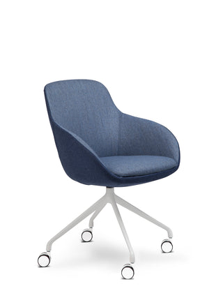 Blue office chair with white swivel base on a white background