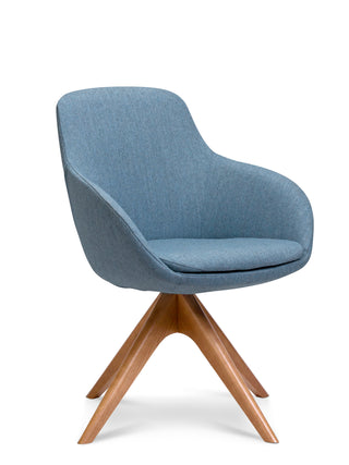 Blue upholstered chair with wooden legs on a white background