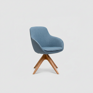 Blue chair with wooden base on a light gray background