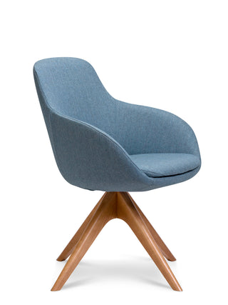 Blue upholstered chair with wooden legs on a white background