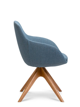 Blue chair with wooden legs on a white background