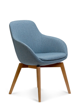Blue upholstered chair with wooden legs on a white background