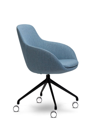 Blue office chair with black swivel base on a white background