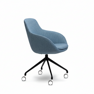 Blue office chair with black wheels on a white background