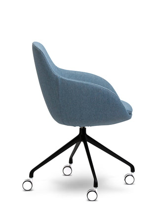 Blue office chair with black wheels on a white background