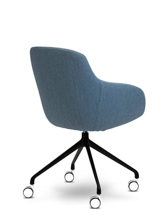 Blue office chair with black wheels on a white background