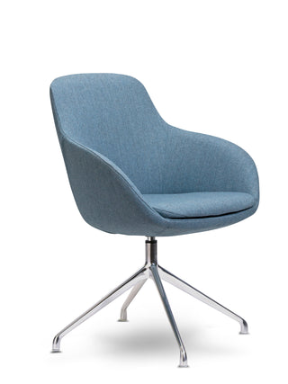 Blue chair with a chrome base on a white background