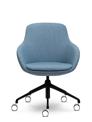 Blue office chair with black wheels on a white background
