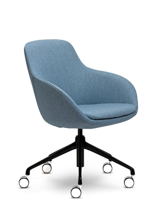 Blue office chair with black wheels on a white background