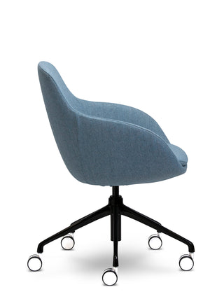 Blue office chair with black wheels on a white background