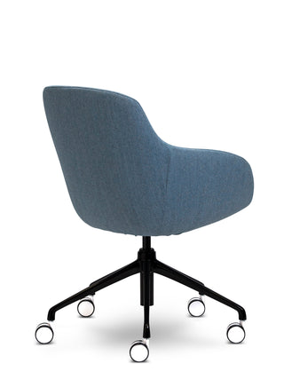 Blue office chair with black wheels on a white background