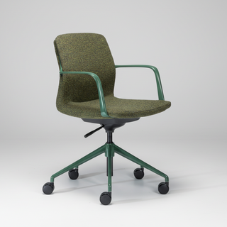 Green office chair with armrests on a white background