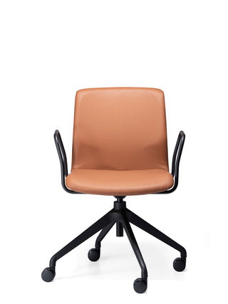 Brown Odin chair front w arms with black frame and wheels on a white background