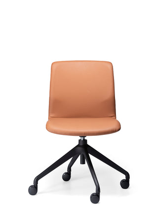 Front Odin brown office chair with no arms black wheels on a white background