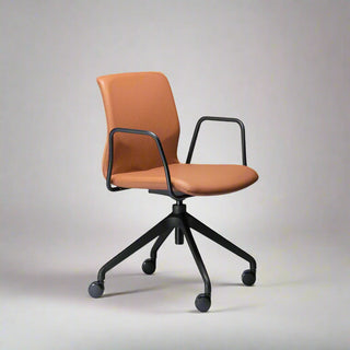 Brown office chair with black frame and wheels on a gray background