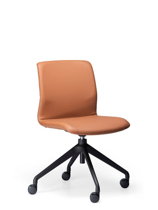 Front angle Odin brown office chair with no arms black wheels on a white background