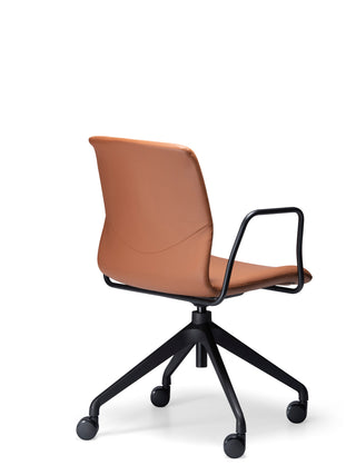 Side angle Odin brown office chair with arms black wheels on a white background.