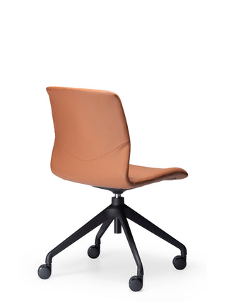 Back angle Odin brown office chair with no arms black wheels on a white background