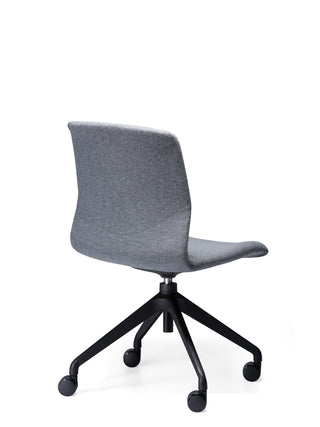 Back angle Odin gray office chair with no arms black wheels on a white background