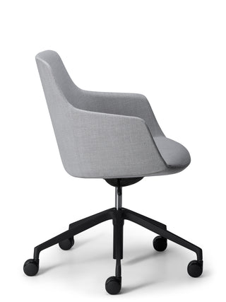 Side gray office chair with black wheels on a white background